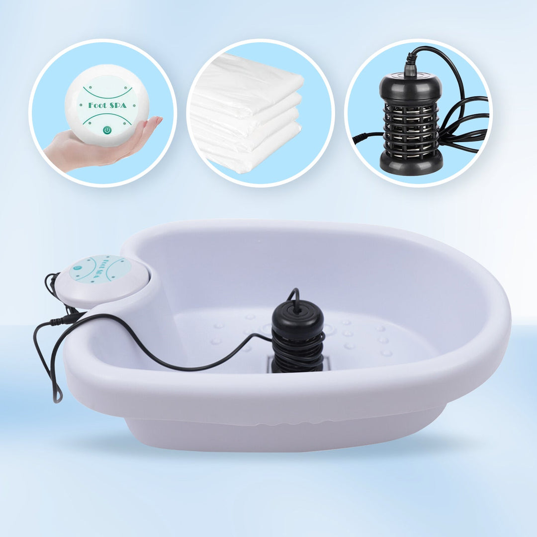 "Ionic Foot Spa for Relaxation & Detox, white plastic tub with water, offers detoxification and tranquility at home."