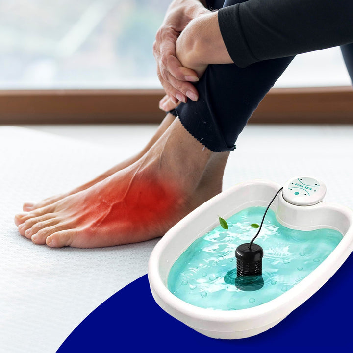 "Ionic Foot Spa for Relaxation & Detox, white plastic tub with water, offers detoxification and tranquility at home."