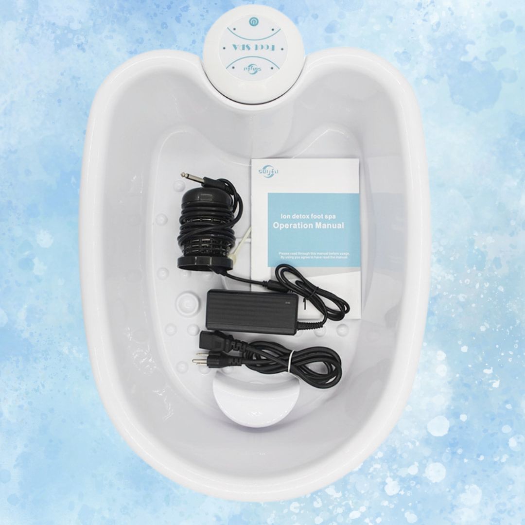 "Ionic Foot Spa for Relaxation & Detox, white plastic tub with water, offers detoxification and tranquility at home."