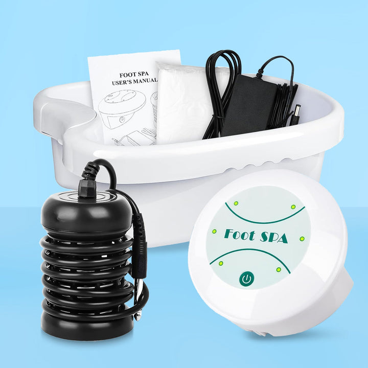 "Ionic Foot Spa for Relaxation & Detox, white plastic tub with water, offers detoxification and tranquility at home."