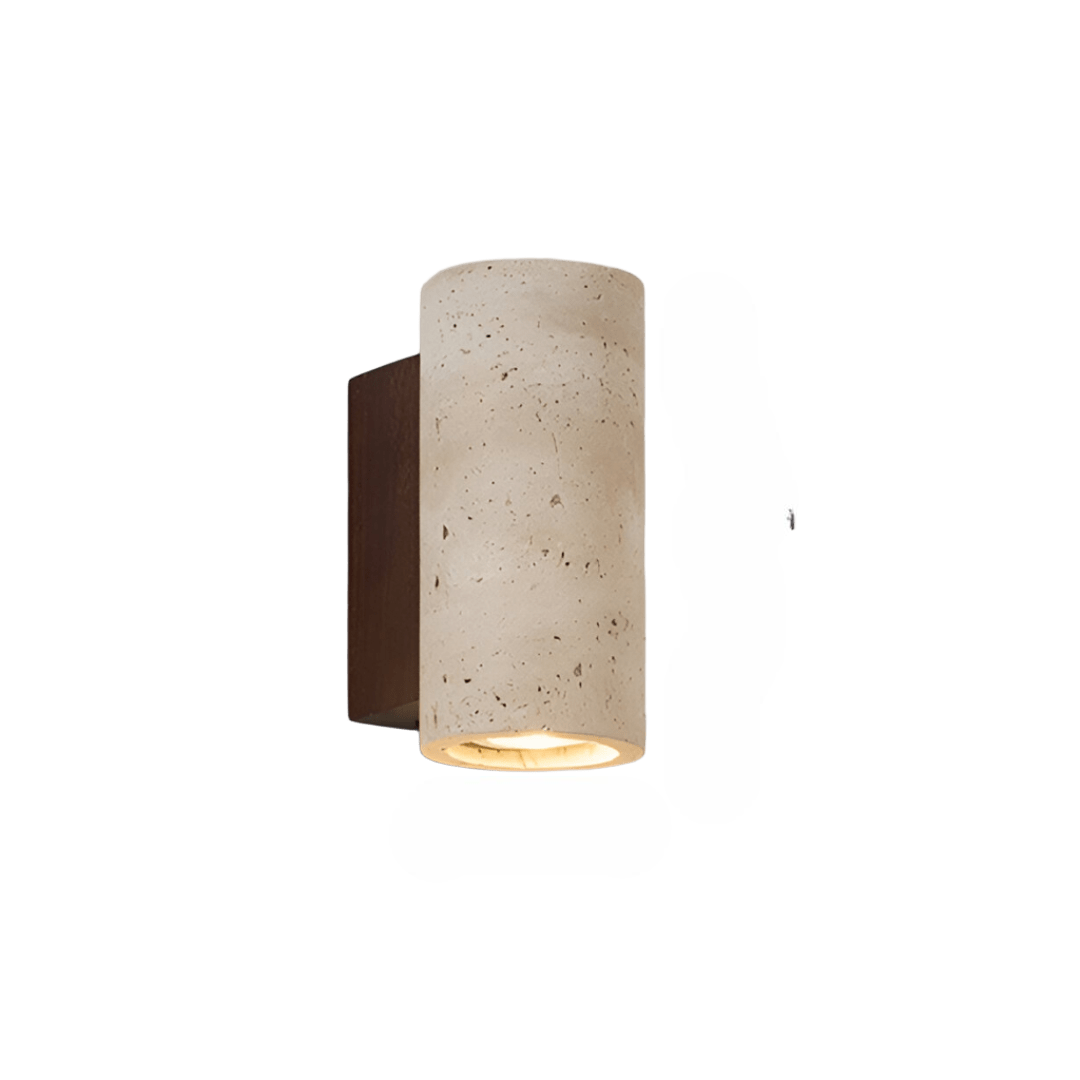 Japandi minimalist travertine stone wall lamp with natural beige finish, conveys elegance with its sleek design and warm glow