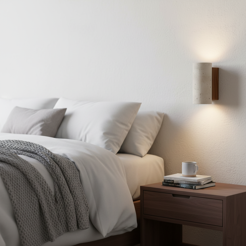 Japandi minimalist travertine stone wall lamp with natural beige finish, conveys elegance with its sleek design and warm glow
