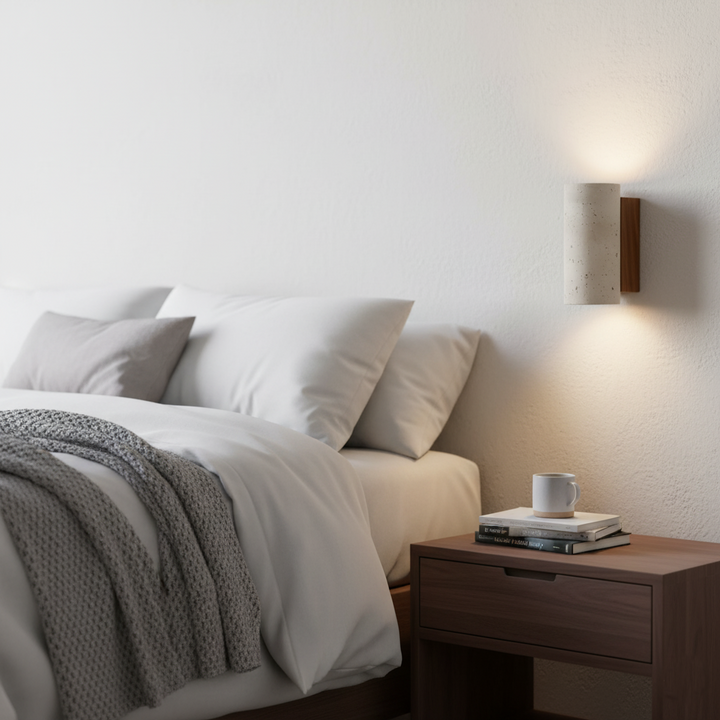 Japandi minimalist travertine stone wall lamp with natural beige finish, conveys elegance with its sleek design and warm glow