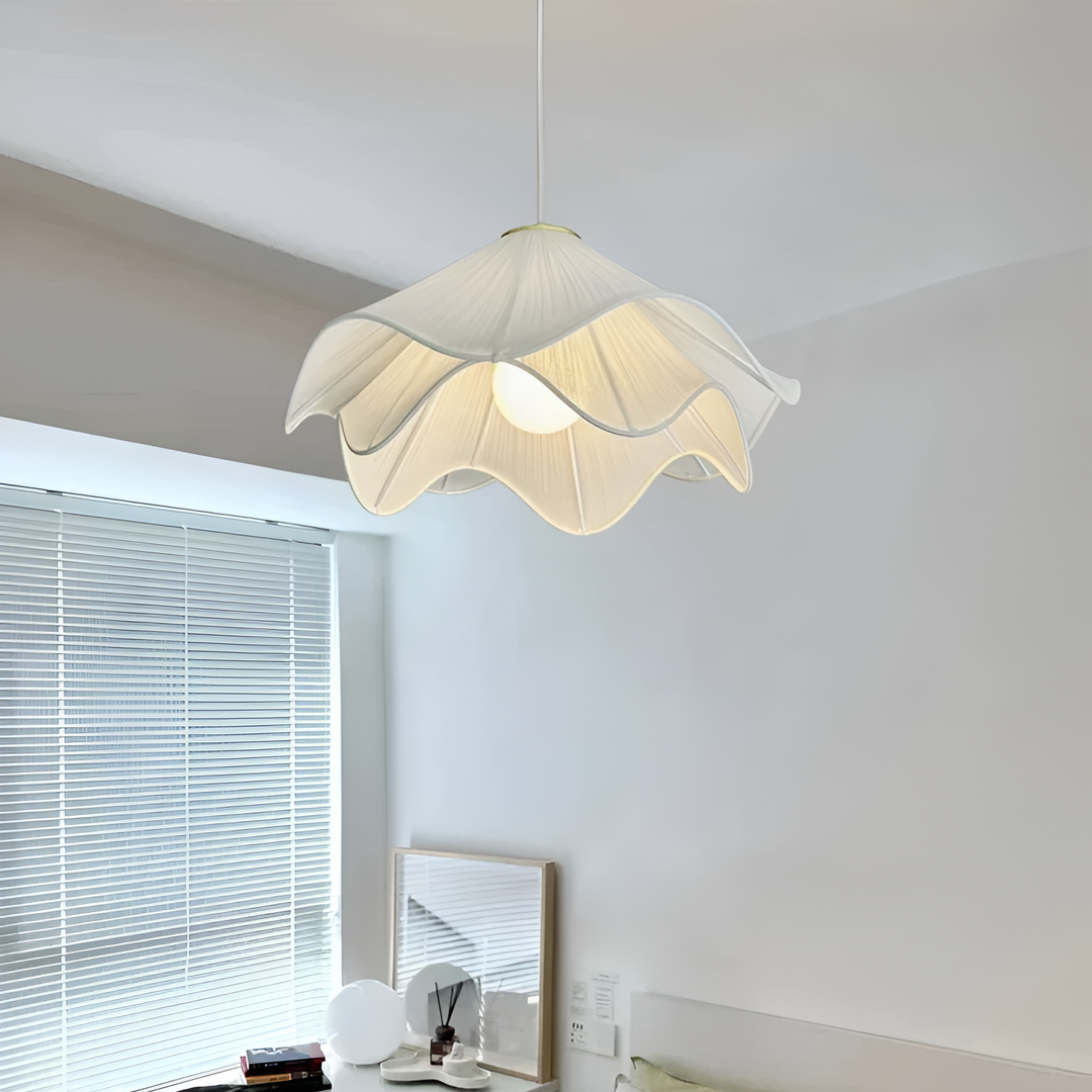 "Japandi pendant light with fabric shade, iron frame, warm ambient glow; modern elegant design for diverse interiors."