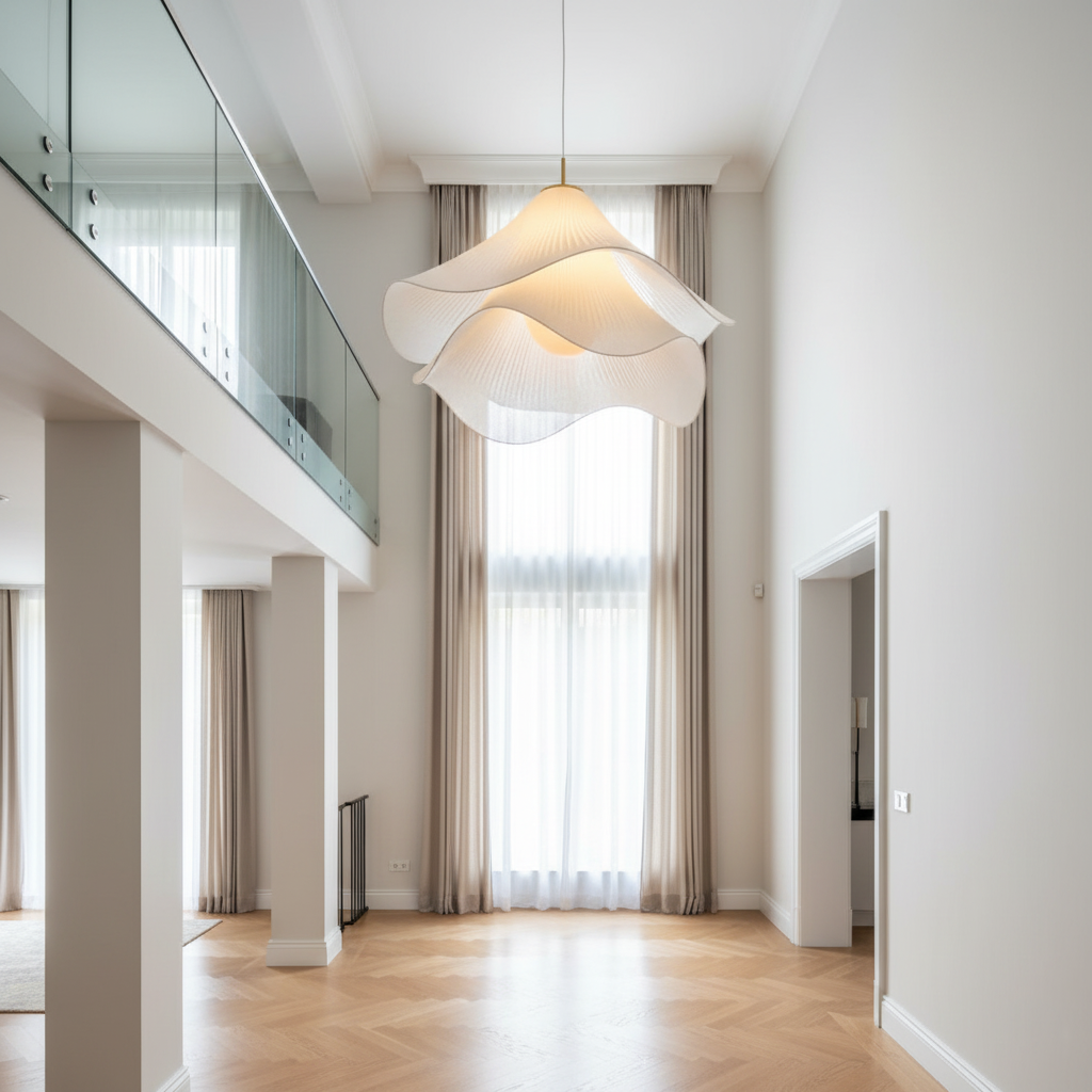 "Japandi pendant light with fabric shade, iron frame, warm ambient glow; modern elegant design for diverse interiors."