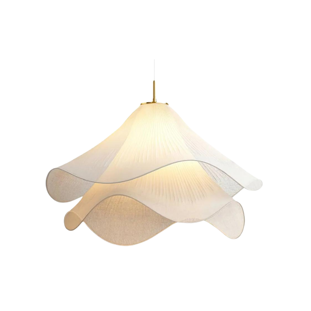 "Japandi pendant light with fabric shade, iron frame, warm ambient glow; modern elegant design for diverse interiors."