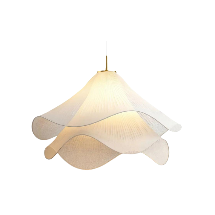 "Japandi pendant light with fabric shade, iron frame, warm ambient glow; modern elegant design for diverse interiors."