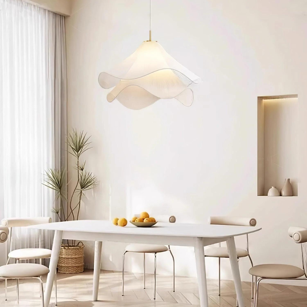 "Japandi pendant light with fabric shade, iron frame, warm ambient glow; modern elegant design for diverse interiors."