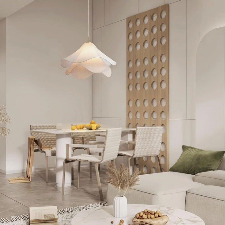"Japandi pendant light with fabric shade, iron frame, warm ambient glow; modern elegant design for diverse interiors."