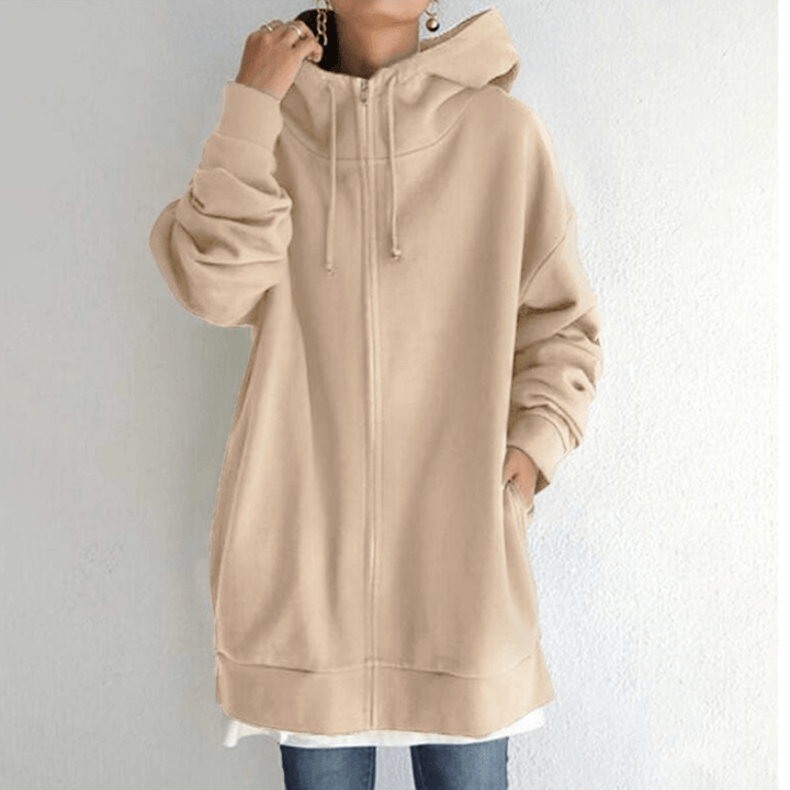 Khaki women's hooded vest jacket with pocket, featuring a front zipper and soft polyester fabric for comfort and style.