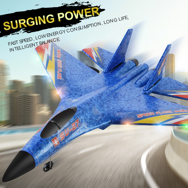 "Kids remote control airplane with LED lights, featuring a sleek design for night flying, encourages fun and creativity."