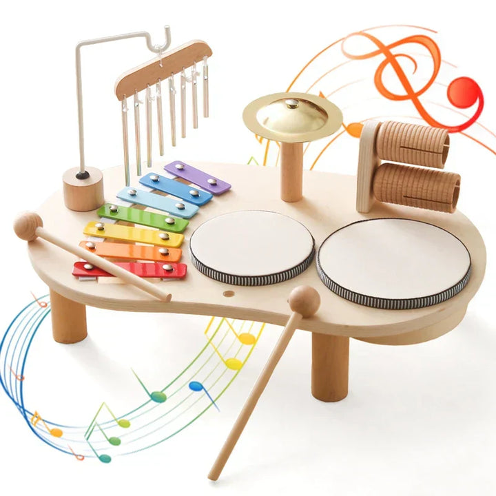 Kids wooden musical toy set with colorful xylophone, drums, and bells encourages creativity and exploration of rhythms.
