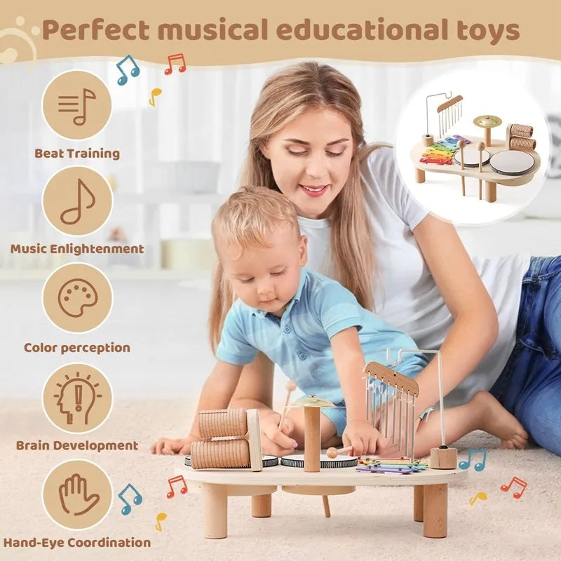Kids wooden musical toy set with colorful xylophone, drums, and bells encourages creativity and exploration of rhythms.