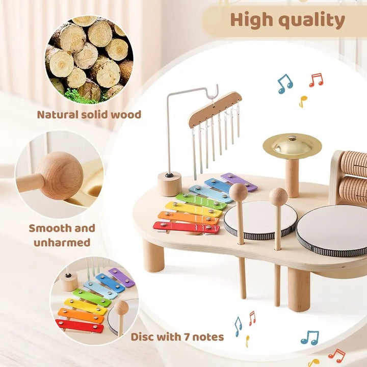 Kids wooden musical toy set with colorful xylophone, drums, and bells encourages creativity and exploration of rhythms.