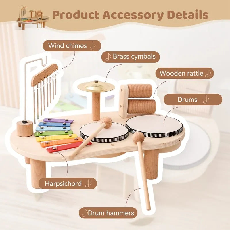 Kids wooden musical toy set with colorful xylophone, drums, and bells encourages creativity and exploration of rhythms.