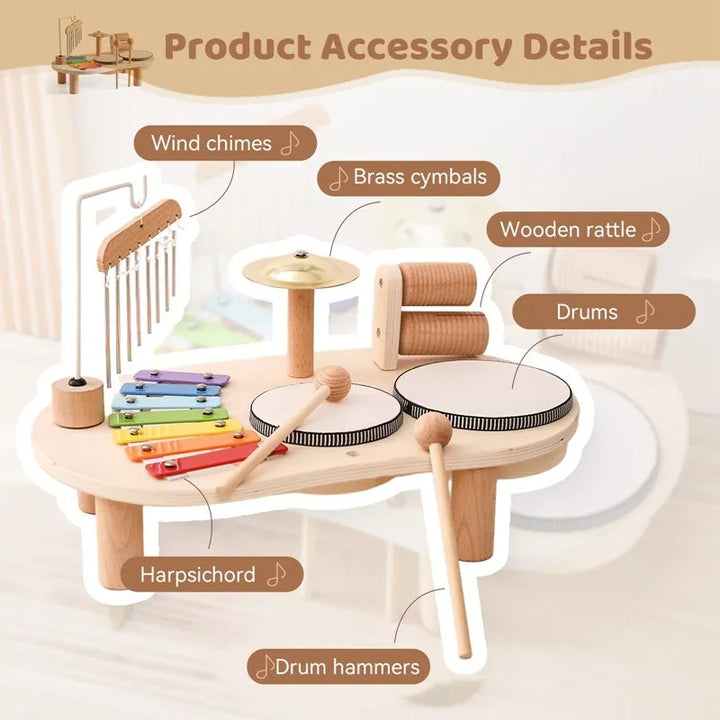 Kids wooden musical toy set with colorful xylophone, drums, and bells encourages creativity and exploration of rhythms.
