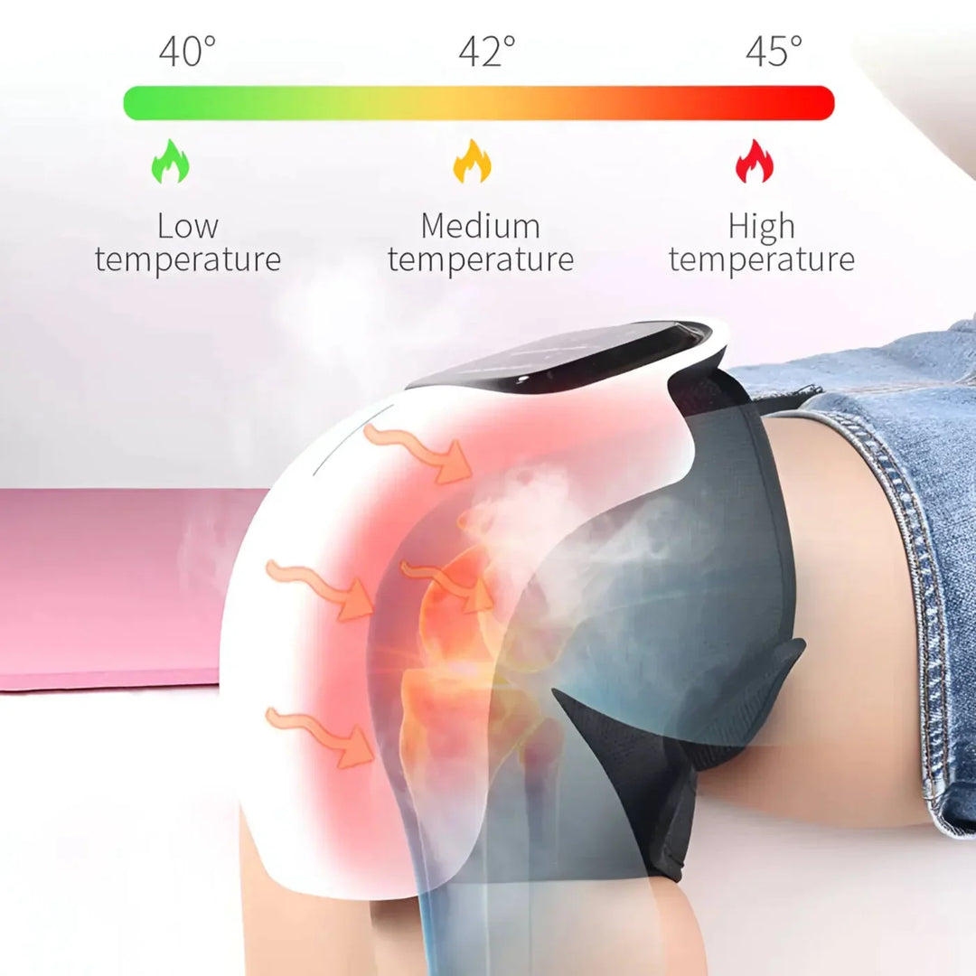 "Knee massager machine with heat and vibration therapy, featuring an ergonomic design for pain relief and mobility improvemen