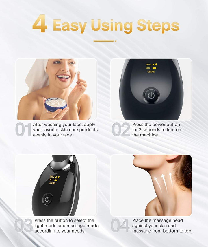 LED light therapy face and neck massager with ergonomic design, features red, blue, green lights for anti-aging and acne care