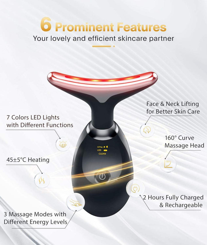 LED light therapy face and neck massager with ergonomic design, features red, blue, green lights for anti-aging and acne care
