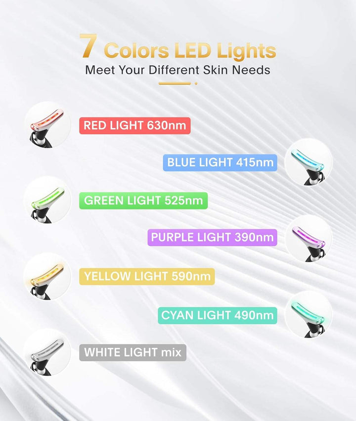 LED light therapy face and neck massager with ergonomic design, features red, blue, green lights for anti-aging and acne care