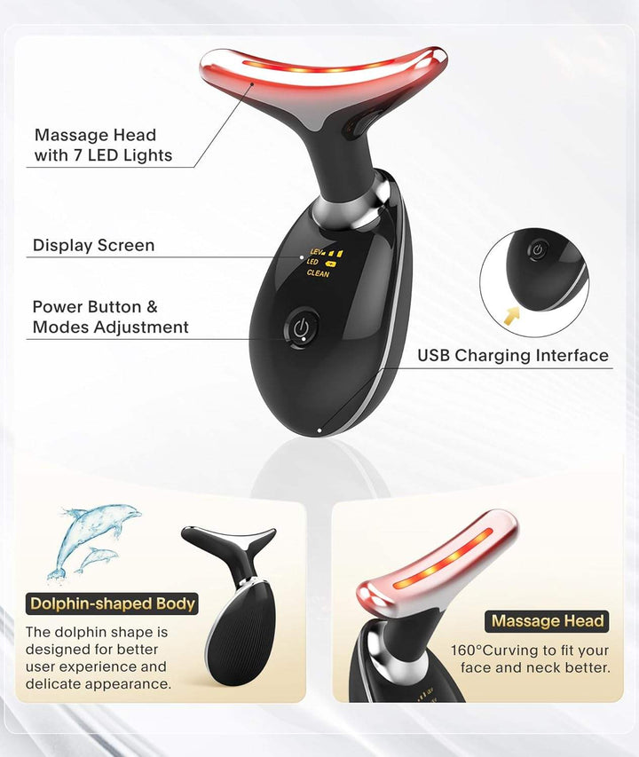 LED light therapy face and neck massager with ergonomic design, features red, blue, green lights for anti-aging and acne care