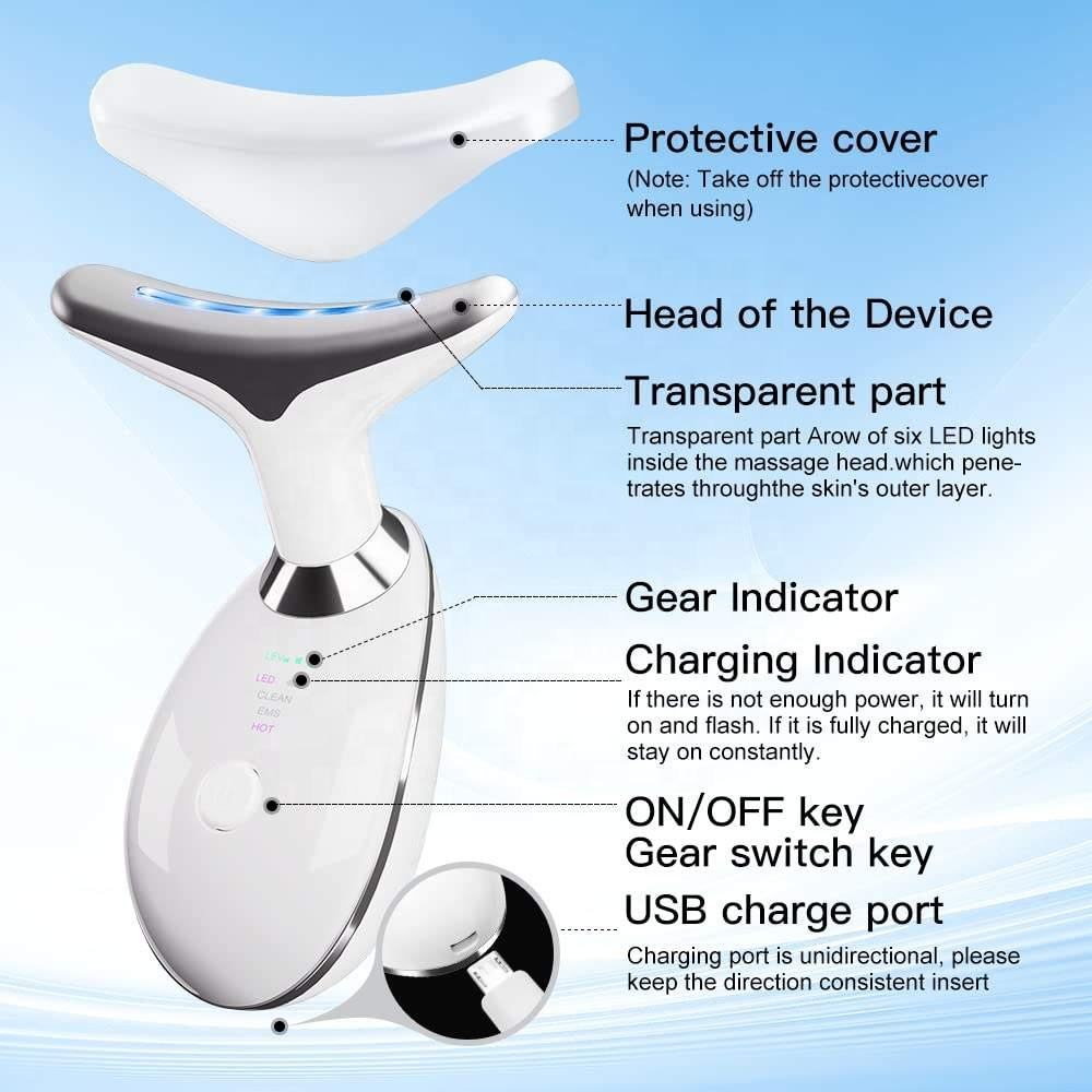 LED light therapy face and neck massager with ergonomic design, features red, blue, green lights for anti-aging and acne care