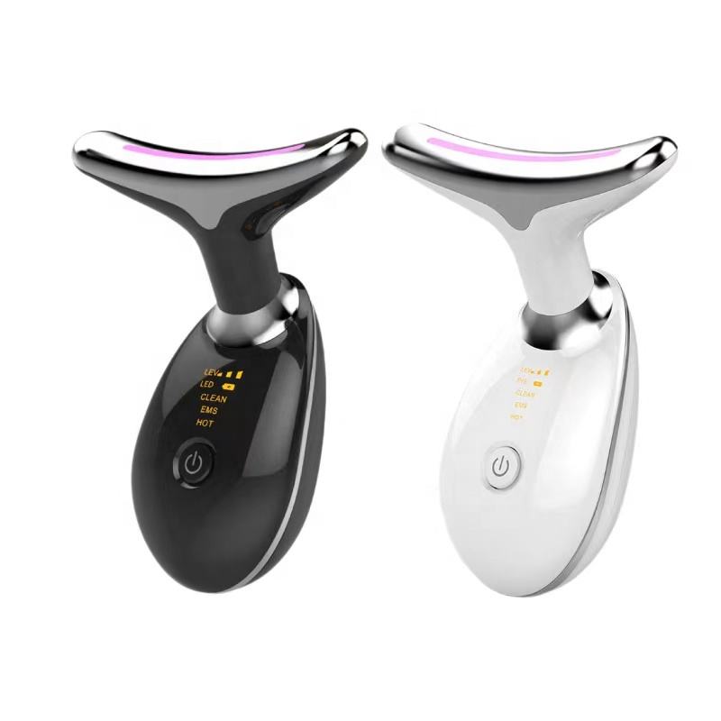 LED light therapy face and neck massager with ergonomic design, features red, blue, green lights for anti-aging and acne care