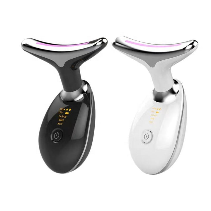 LED light therapy face and neck massager with ergonomic design, features red, blue, green lights for anti-aging and acne care