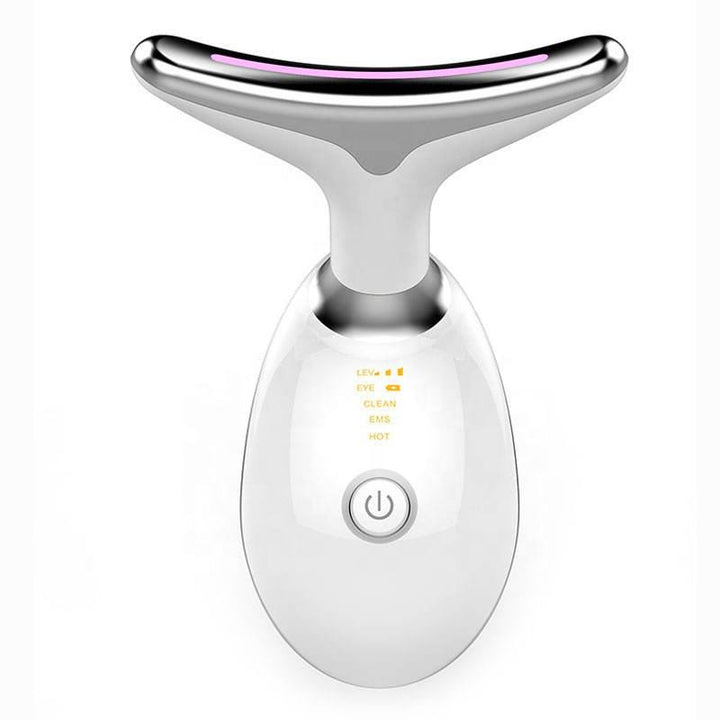 LED light therapy face and neck massager with ergonomic design, features red, blue, green lights for anti-aging and acne care