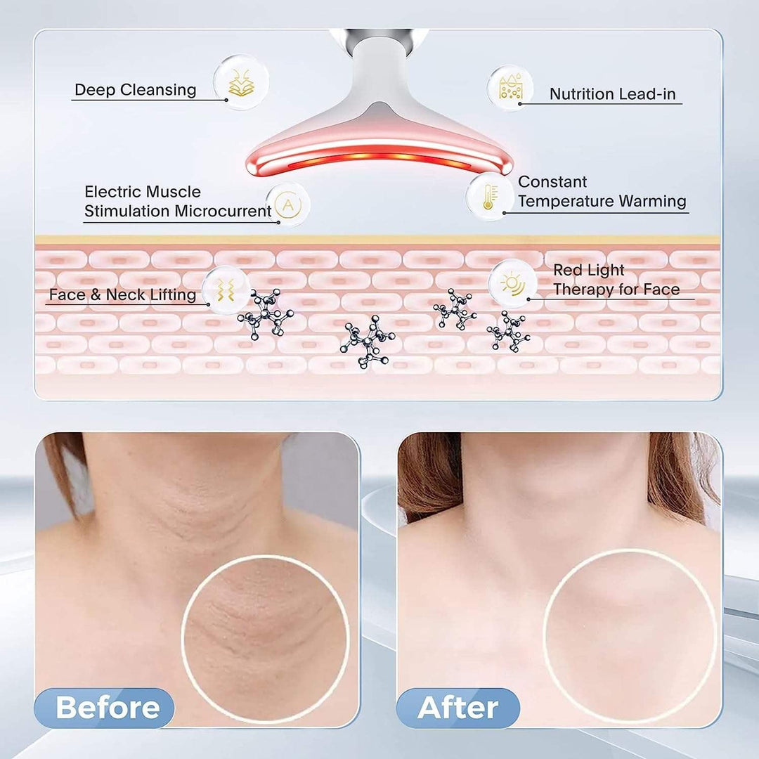 LED light therapy face and neck massager with ergonomic design, features red, blue, green lights for anti-aging and acne care