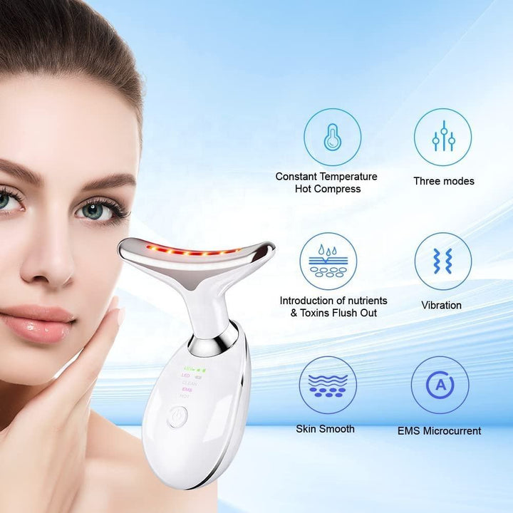 LED light therapy face and neck massager with ergonomic design, features red, blue, green lights for anti-aging and acne care