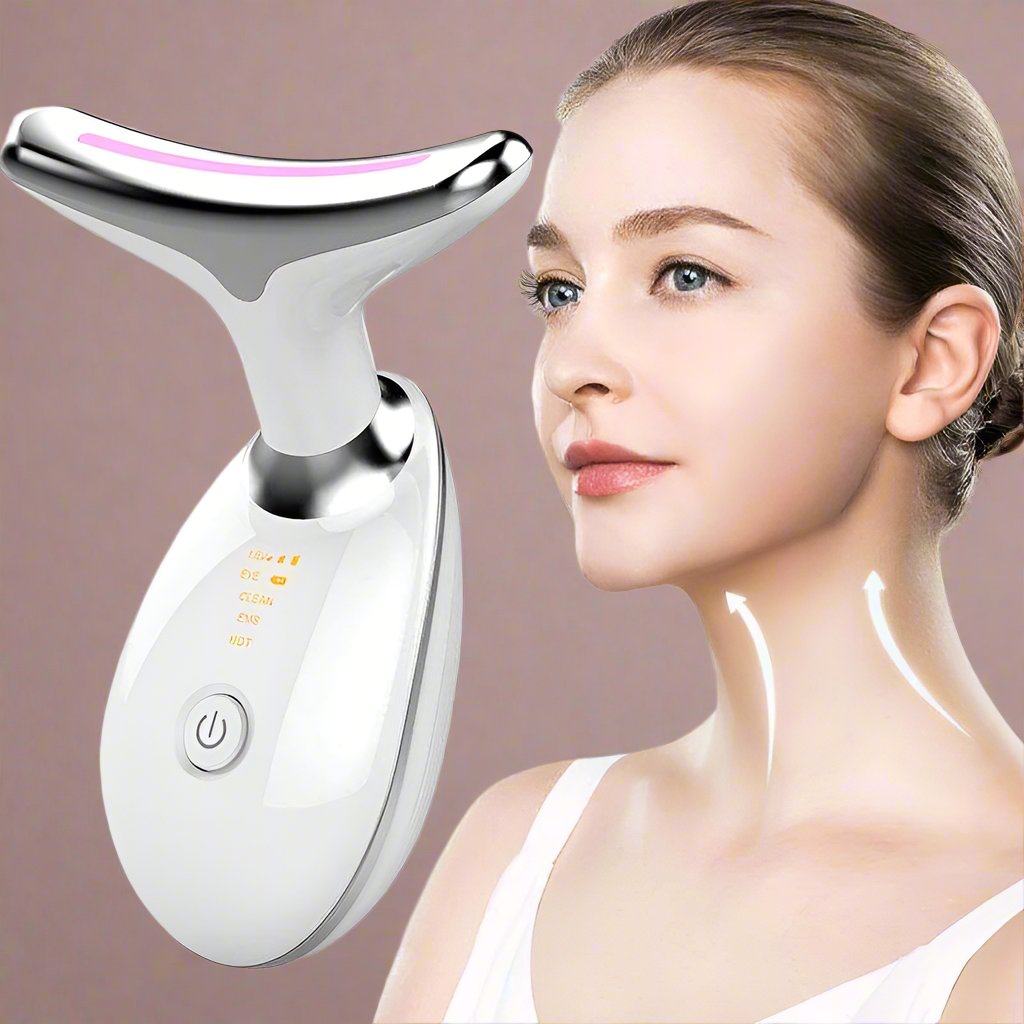 LED light therapy face and neck massager with ergonomic design, features red, blue, green lights for anti-aging and acne care