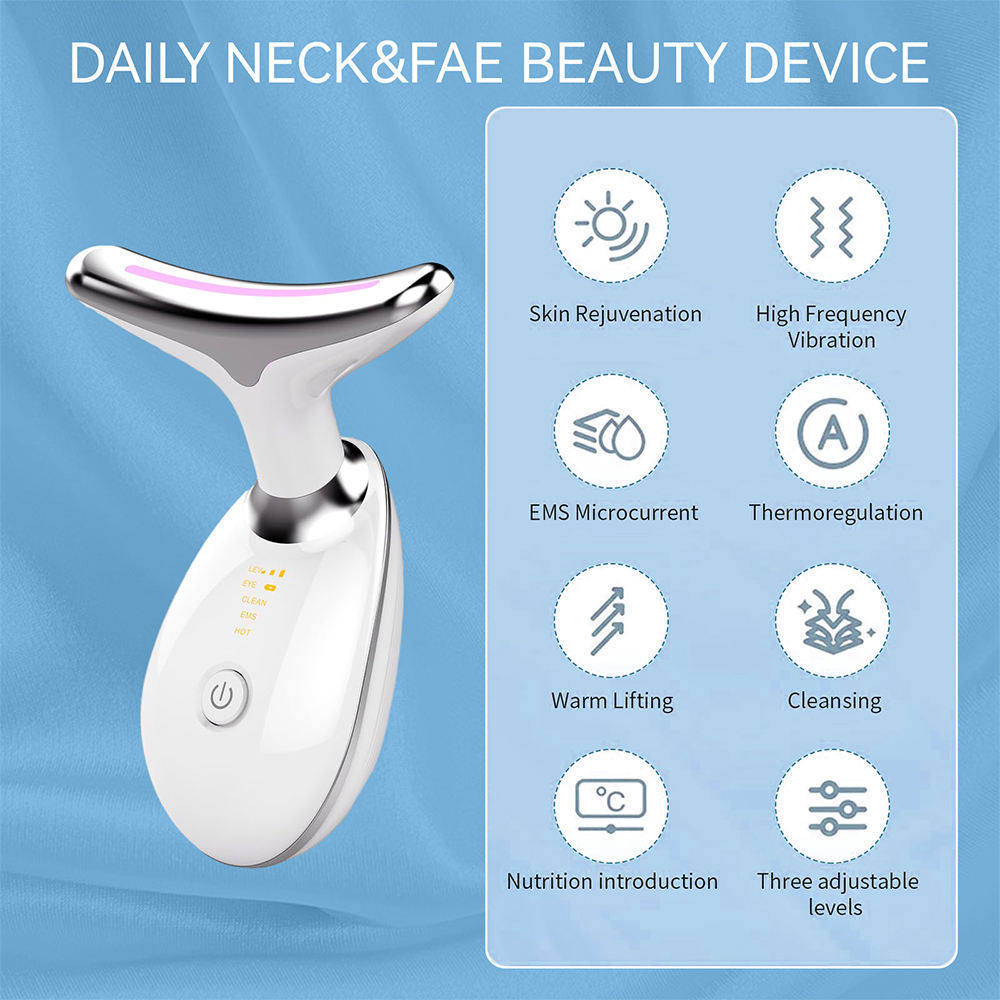 LED light therapy face and neck massager with ergonomic design, features red, blue, green lights for anti-aging and acne care