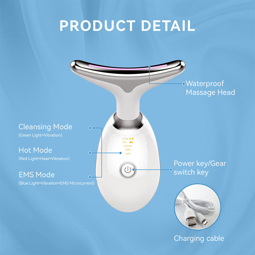LED light therapy face and neck massager with ergonomic design, features red, blue, green lights for anti-aging and acne care