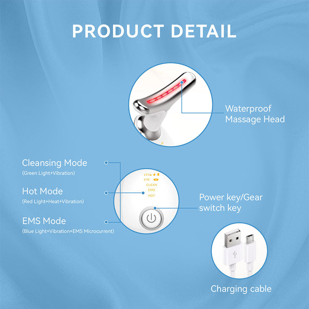 LED light therapy face and neck massager with ergonomic design, features red, blue, green lights for anti-aging and acne care