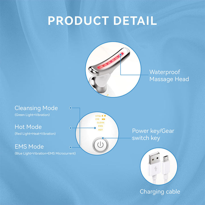 LED light therapy face and neck massager with ergonomic design, features red, blue, green lights for anti-aging and acne care