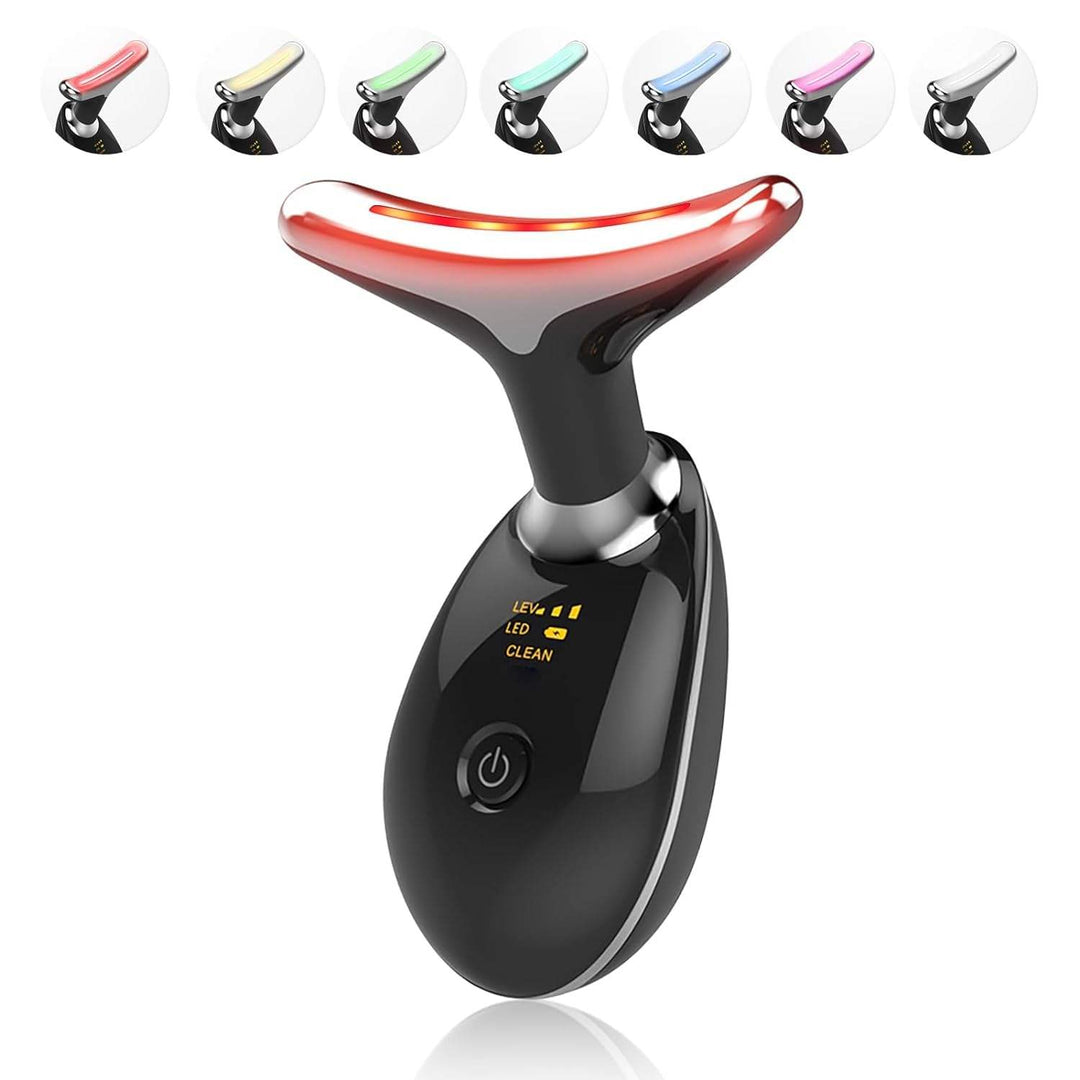 LED light therapy face and neck massager with ergonomic design, features red, blue, green lights for anti-aging and acne care