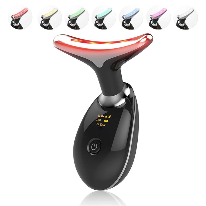 LED light therapy face and neck massager with ergonomic design, features red, blue, green lights for anti-aging and acne care