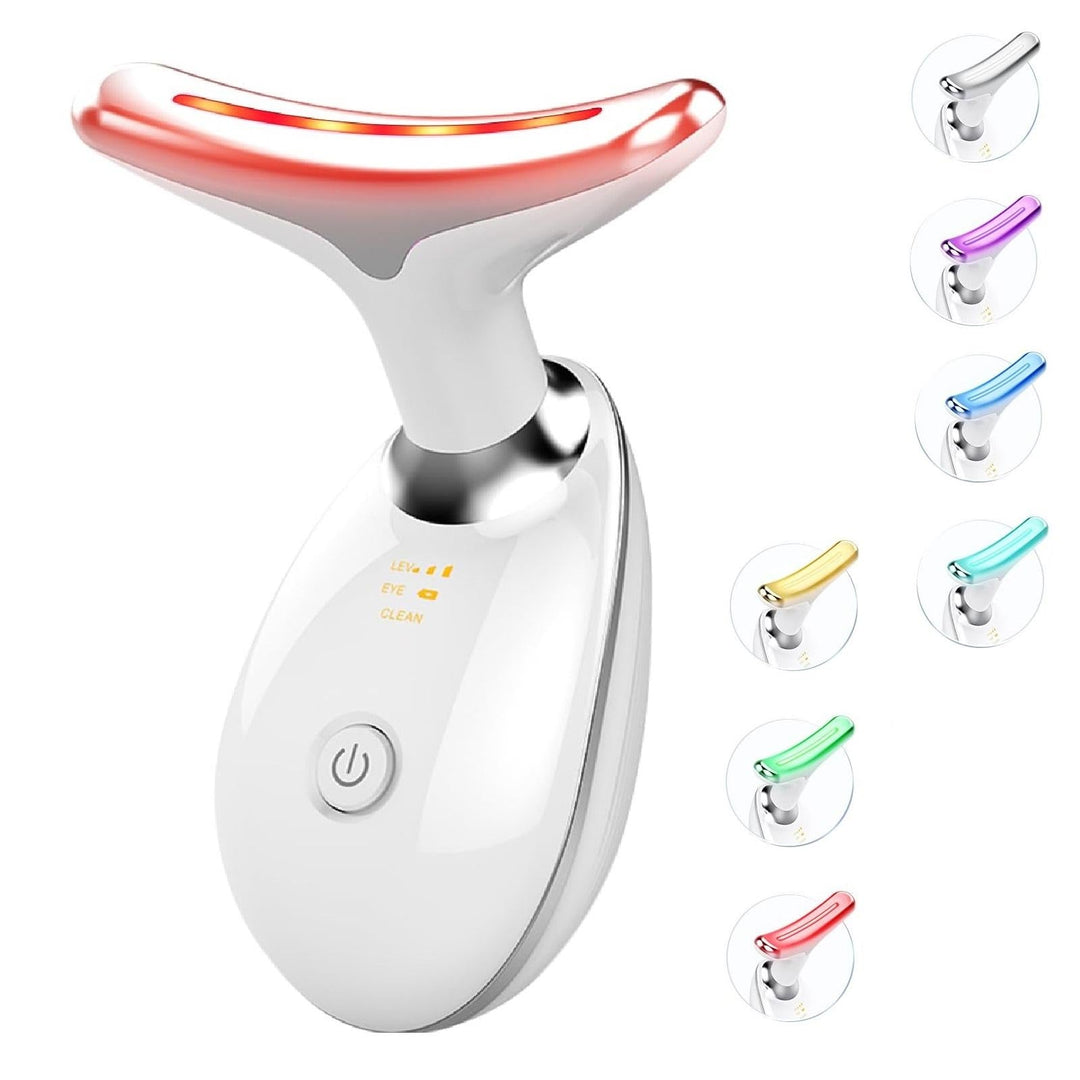 LED light therapy face and neck massager with ergonomic design, features red, blue, green lights for anti-aging and acne care