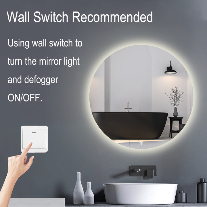 LED round bathroom vanity mirror with anti-fog and dimmable lighting, featuring sleek design and reflective silver rim.
