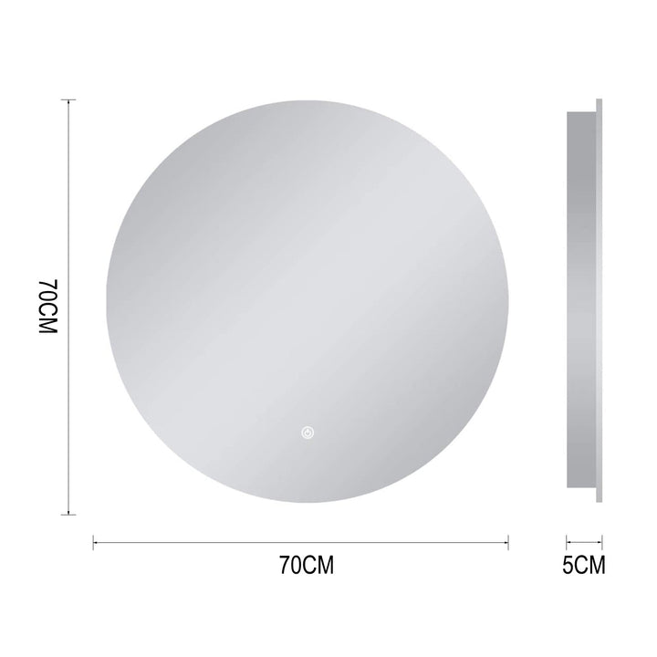 LED round bathroom vanity mirror with anti-fog and dimmable lighting, featuring sleek design and reflective silver rim.