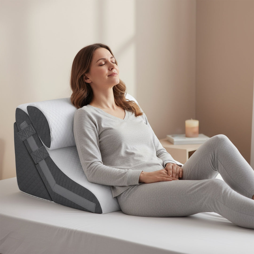 Lifestyle image of breathable wedge pillow with ergonomic design for cooling and comfort, ideal for improved relaxation and s