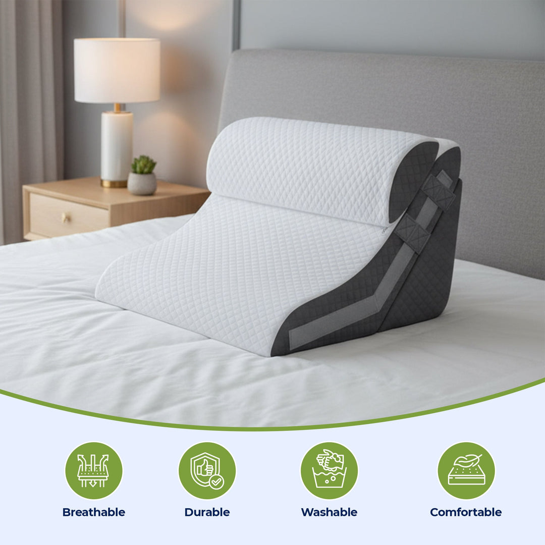 Lifestyle image of breathable wedge pillow with ergonomic design for cooling and comfort, ideal for improved relaxation and s