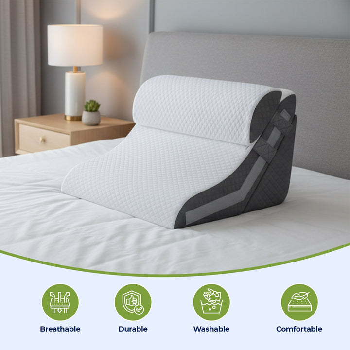Lifestyle image of breathable wedge pillow with ergonomic design for cooling and comfort, ideal for improved relaxation and s