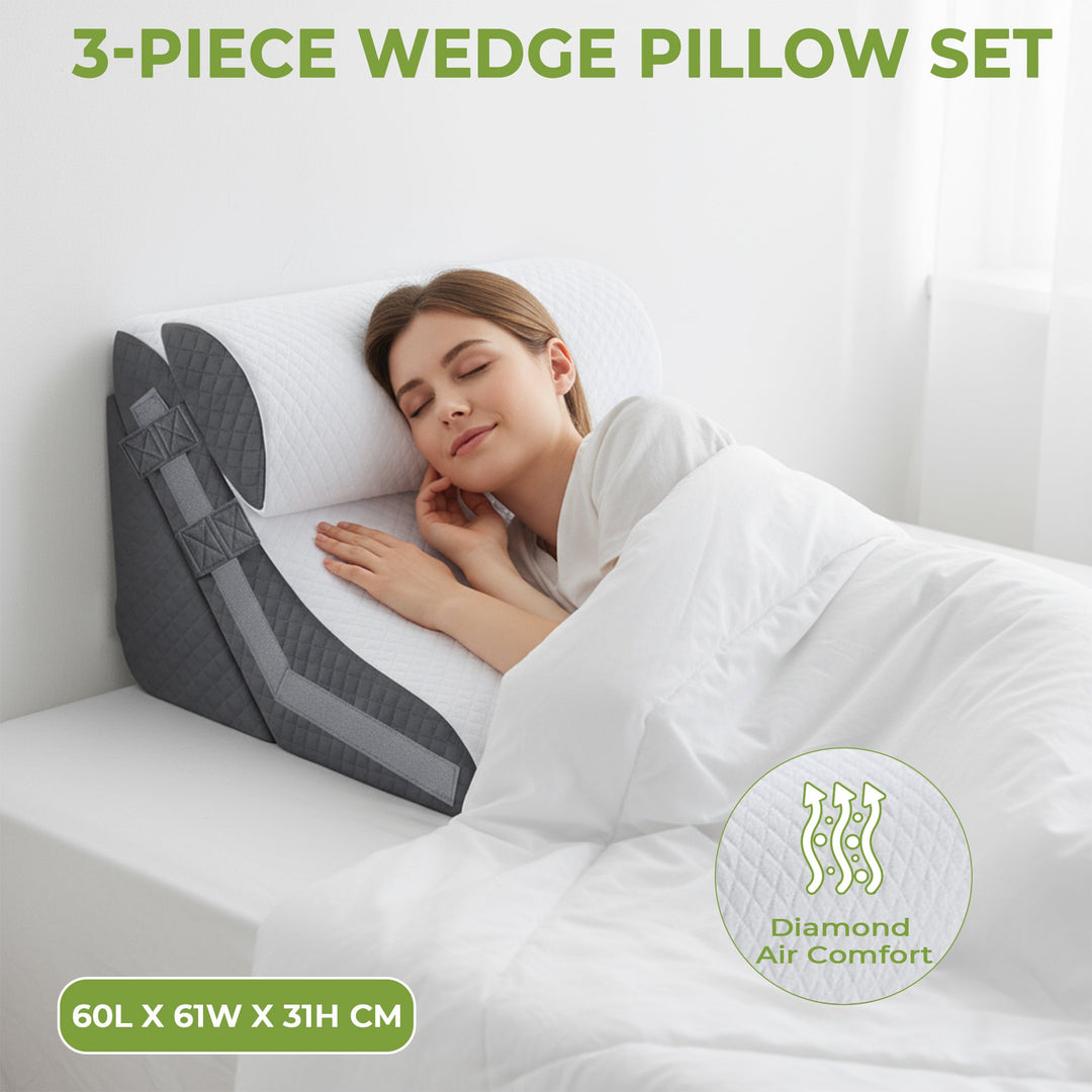 Lifestyle image of breathable wedge pillow with ergonomic design for cooling and comfort, ideal for improved relaxation and s