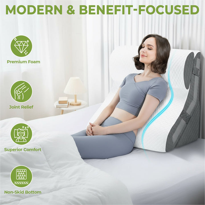 Lifestyle image of breathable wedge pillow with ergonomic design for cooling and comfort, ideal for improved relaxation and s