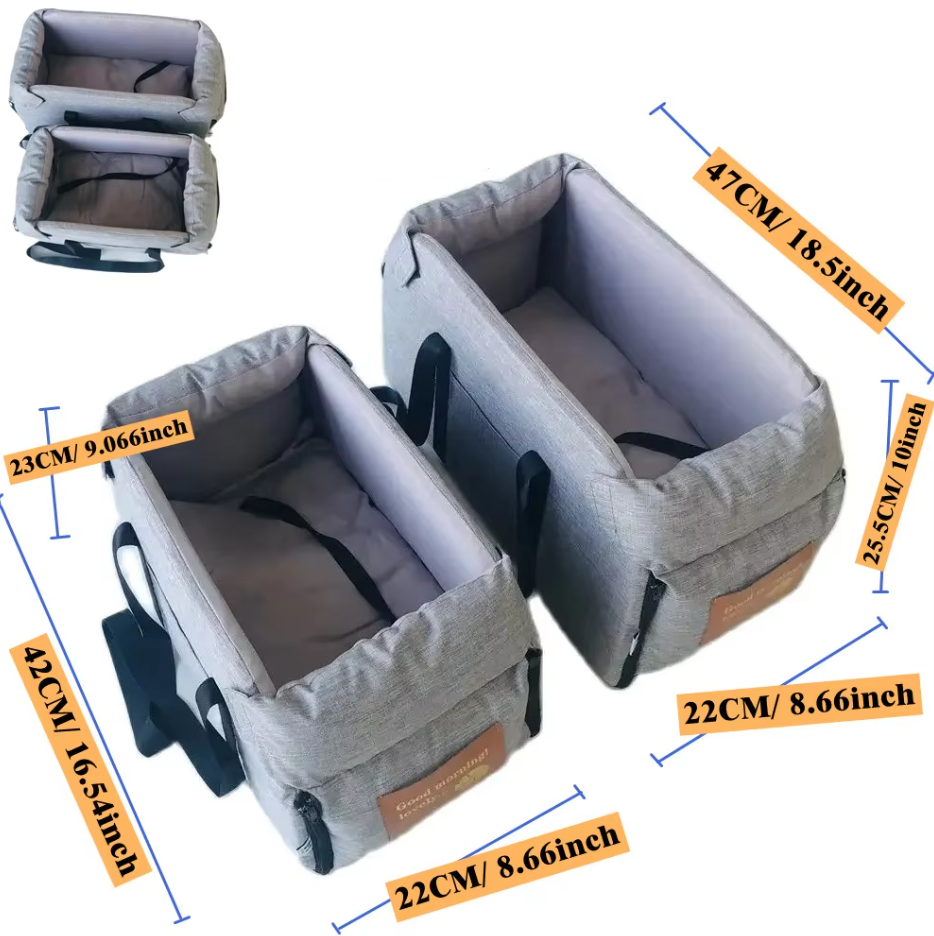 "Luxe padded dog car seat with safety belt, portable for travel, ensuring comfort and security during car journeys."