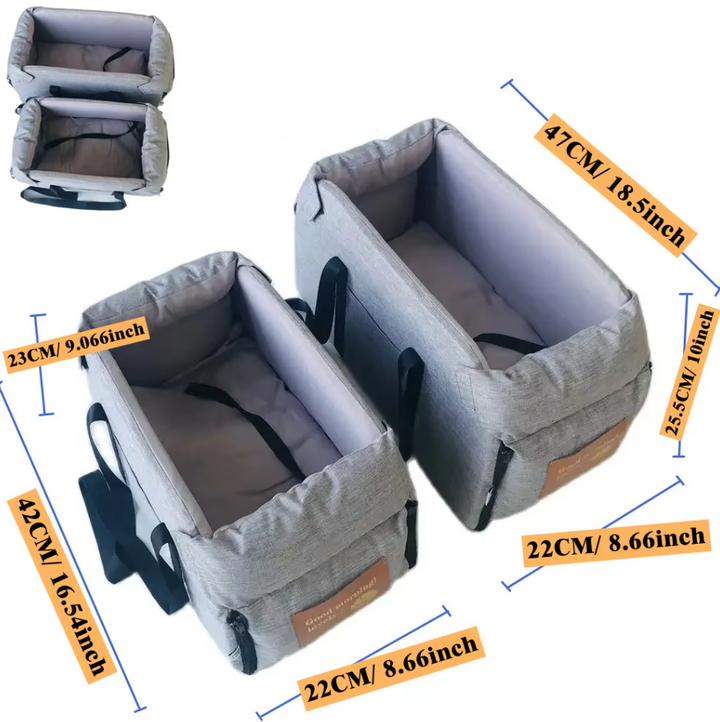 "Luxe padded dog car seat with safety belt, portable for travel, ensuring comfort and security during car journeys."