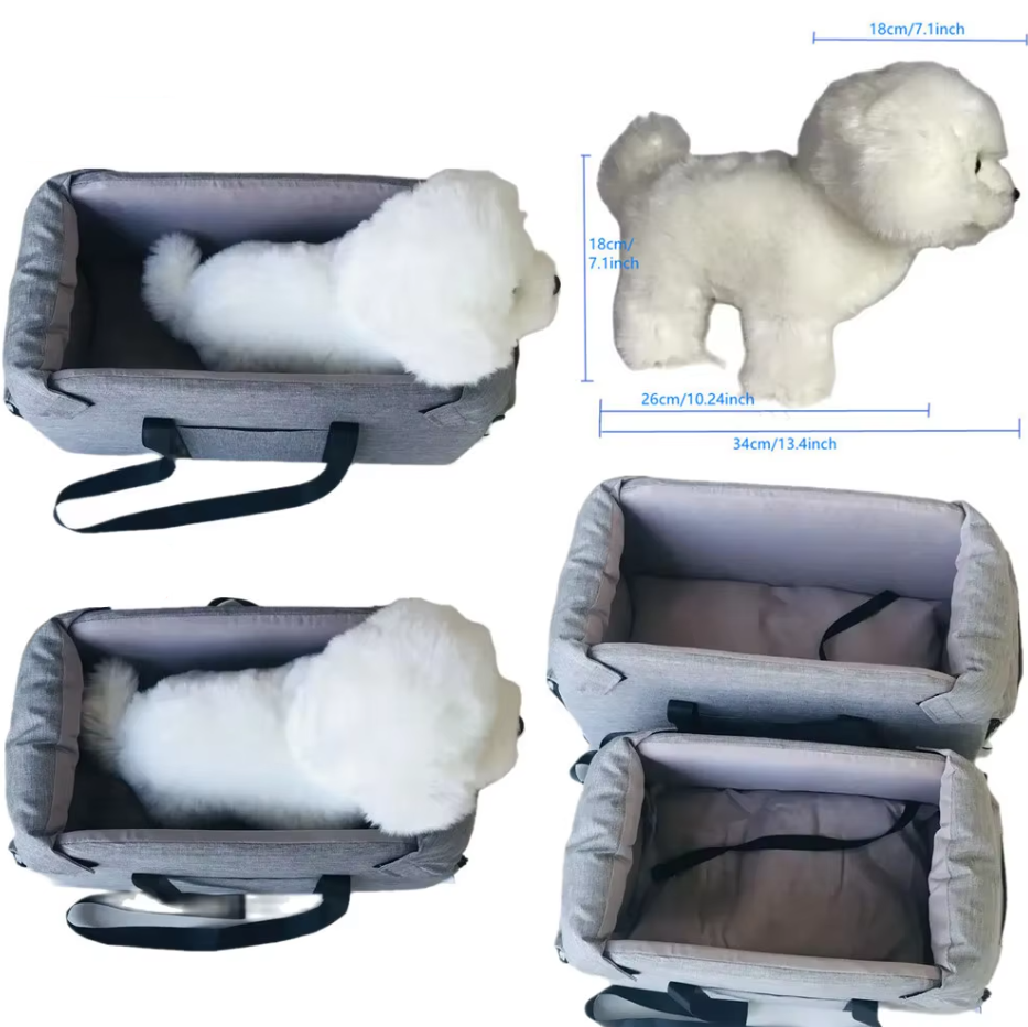 "Luxe padded dog car seat with safety belt, portable for travel, ensuring comfort and security during car journeys."