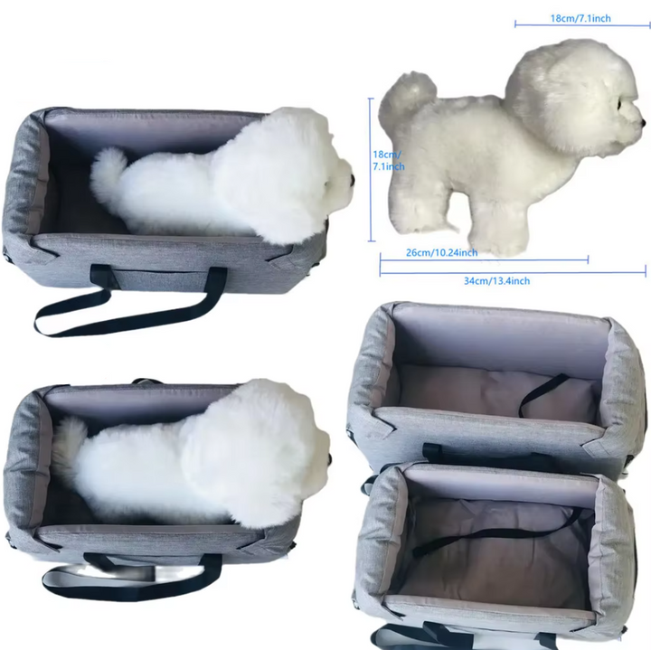 "Luxe padded dog car seat with safety belt, portable for travel, ensuring comfort and security during car journeys."